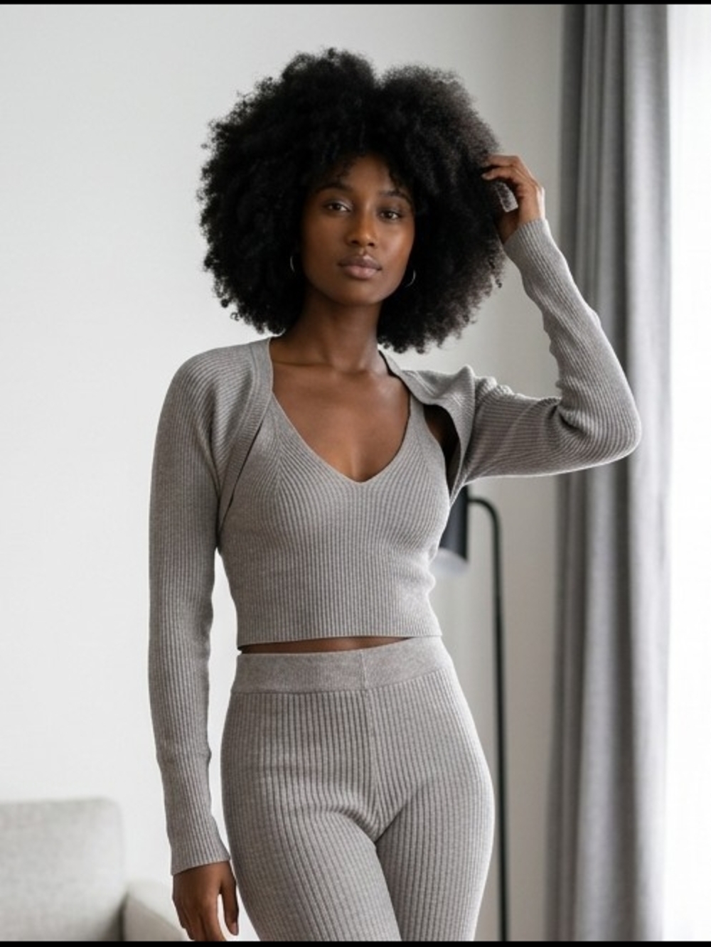 Ribbed Knit Crop Top & Shrug Set - Light Gray
